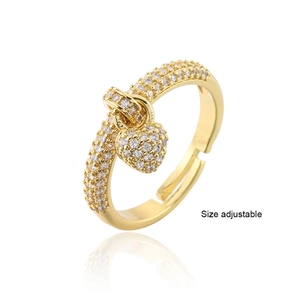 Adjustable 18K gold plated copper ring featuring a sparkling zircon pavé heart charm