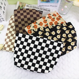Corduroy Checkerboard Cosmetic Bag Portable Zipper Makeup Organizer Travel Toiletry Pouch For Women Retro Style
