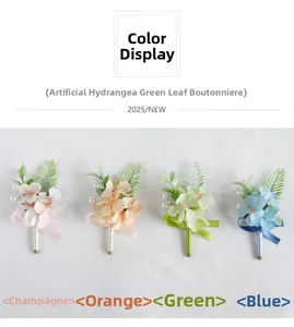 Detail view of artificial hydrangea boutonnières in champagne, orange, green and blue