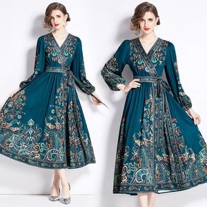 Women V-Neck Long Sleeve Maxi Dress Elegant Paisley Print Bohemian Ethnic Style Tie Waist Polyester Wrap Flowy A-Line
