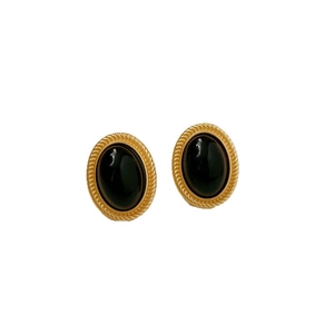 Vintage gold geometric oval earrings with black gemstone and twisted rope texture