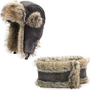 Winter thermal aviator hat and neck warmer set with dark grey faux suede and plush fur