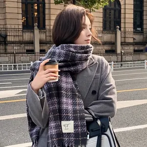 Taro purple plaid scarf with tassels, thick winter shawl for women in street style fashion