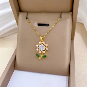 Elegant Flower Pendant Necklace Stainless Steel Chain Copper With Zircon Artificial Pearls Green Leaf Accents Women Jewelry