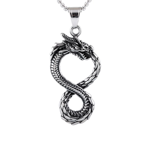 Retro stainless steel dragon pendant in infinity symbol shape with vintage silver finish