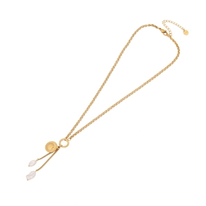 Golden stainless steel chain necklace featuring elegant Baroque pearl drop pendants