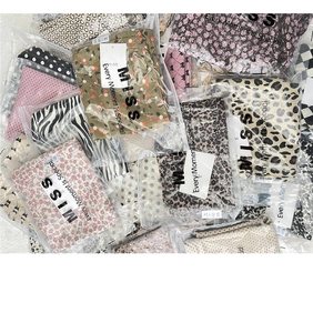 Detail of leopard and floral canvas bags individually packed in clear bags