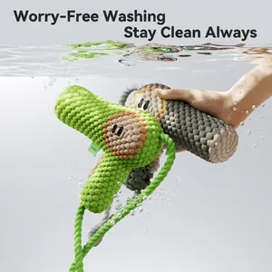 Washable squeaky dog toy with plush texture and woven rope for puppy tooth cleaning