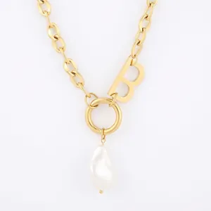 Vintage Letter B Initial Pendant Necklace Stainless Steel Thick O-Chain Baroque Imitation Artificial Pearl For Women Fashion