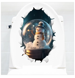 Détail de l'autocollant mural 3D bonhomme de neige de Noël sur un mur de carreaux blancs