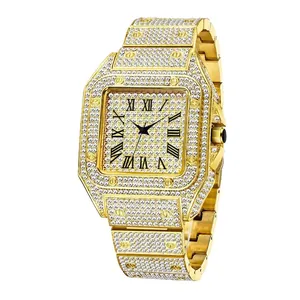 Luxury Men's Quartz Watch Full Iced Out Rhinestone Square Dial Roman Numerals Hip Hop Style Metal Alloy Strap