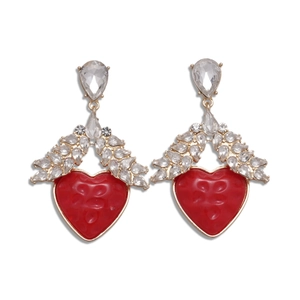 Elegant red heart drop earrings with sparkling rhinestones and silver finish for women