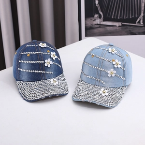 Women Elegant Denim Baseball Cap With Rhinestones And 3D Flower Decor Fashion Sunshade Cotton Trucker Hat For Outdoor Daily