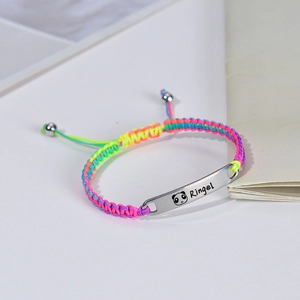 Handmade woven stainless steel ID bracelet with colorful neon cord and panda engraving