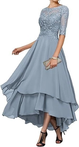 Detail view of grey-blue floral lace bodice and layered chiffon skirt evening gown