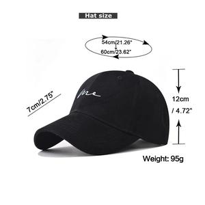 Detail view of cotton baseball cap with me embroidery and size dimensions specifications