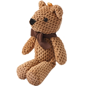 Cute brown plush teddy bear keychain in corduroy fabric with a dark brown ribbon bow