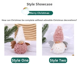 Detail view of plush angel Christmas ornaments with glitter wings in pink and white