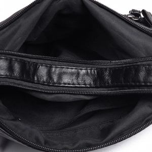 Large capacity black washed leather shoulder bag with multiple zippered compartments interior
