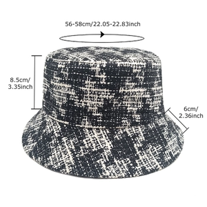Classic black and white houndstooth tweed bucket hat for women with measurement details