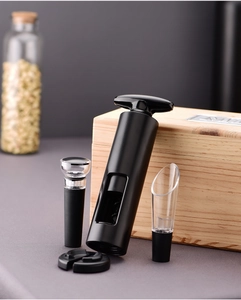 Detailed view of a 4-piece wine opener set with aerator, vacuum stopper, and foil cutter