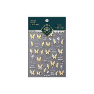 Elegant gold butterfly and white floral nail stickers with premium green packaging