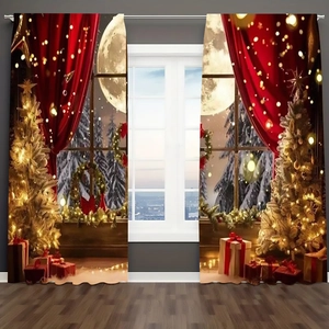 Détails des motifs de sapins et couronnes de Noël sur rideaux en polyester rouge