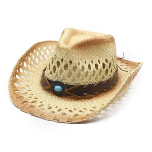 Western Cowboy Straw Hat Vintage Wide Brim Breathable Sun Shade Woven Summer Beach Travel With Turquoise Stone