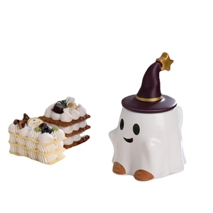 Halloween ghost ceramic mug with a purple witch hat lid and golden star top
