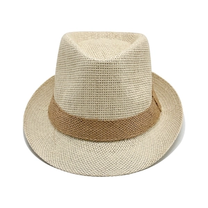 Classic straw fedora hat in cream with brown decorative band for beach and sun protection