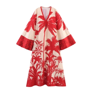 Women Palm Tree Print Maxi Dress V Neck Long Wide Sleeve Polyester Summer Beach Resort Vacation Elegant Long Gown