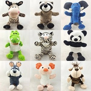 Detailed 3x3 grid layout of nine plush animal hand puppets for kids and pet play