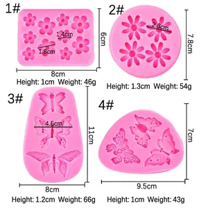 Pink silicone molds set featuring butterfly and daisy flower patterns with dimensions