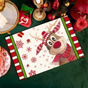 Christmas placemat with cartoon reindeer pattern and striped border on green table