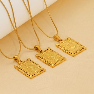 Vintage Initial Letter Pendant Necklace Stainless Steel 18K Gold Plated Filigree Square Medallion Snake Chain Jewelry