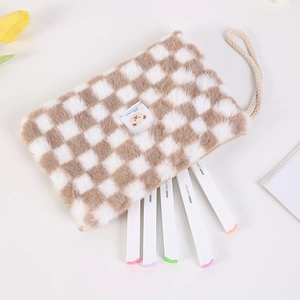Cute checkerboard bear plush makeup bag with woven strap and cartoon bear label