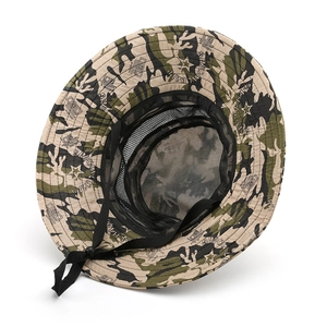 Outdoor camouflage wide brim sun hat with breathable mesh lining and adjustable chin cord