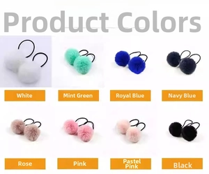 Detail of high-elasticity hair ties featuring plush faux fur balls in eight vibrant colors