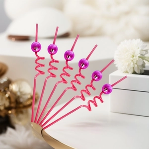 Pink disco mirror ball cocktail stirrers with spiral design for party decor set of 6