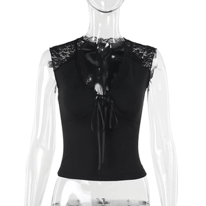 Detailed view of the V-neck lace patchwork and drawstring design on a black tank top
