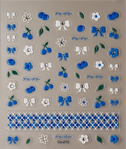 Detail of 3D embossed blue bow and floral nail art stickers with faux diamond accents