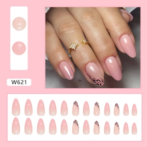 Pink leopard print gradient almond press-on nails with gold accents and 24 pieces set