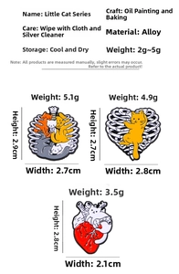 Detailed size chart for skeleton cat enamel pins showing dimensions and alloy materials