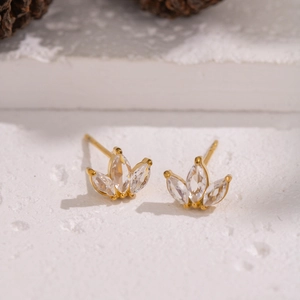 Minimalist stainless steel clover earrings with marquise-cut clear zirconia in gold finish