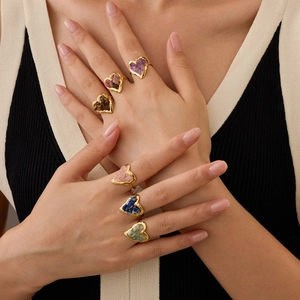 Natural Crushed Stone Heart Ring Stainless Steel 18K Gold Plated Simple Elegant Vintage Adjustable Jewelry For Women