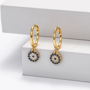 Elegant gold S925 sterling silver evil eye drop earrings with blue and white zircon