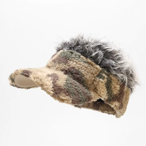 Macro detail of camouflage sherpa visor with grey wig hair and warm fleece texture