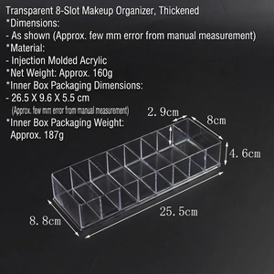 Detailed 8-slot clear acrylic makeup organizer showing 25.5cm length for vanity storage