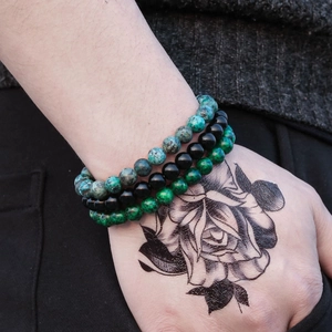 Three-piece natural gemstone beaded bracelet set with turquoise, onyx, and malachite stones