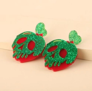Boucles d'oreilles pomme empoisonnée Halloween en acrylique rouge et vert brillant
